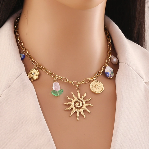 Collana In Acciaio Inossidabile Placcato Oro Con Ciondoli Farfalla Sole Fiore Perla Artificiale Gioielli Moda Per Donna