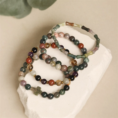 Natural Stone Beaded Bracelet Agate Bamboo Shape Cross Pendant Elastic Rope Bohemian Style Jewelry For Women