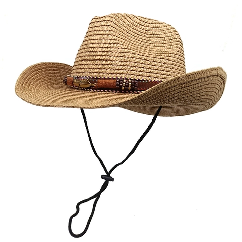 Chapeau De Cowboy En Paille Pour Femmes Plage D'été Protection Solaire Style Ethnique Vintage Tissé Avec Décor De Plumes