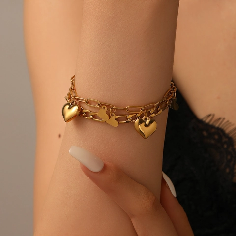 Braccialetto con Pendente a Cuore a Doppio Strato in Acciaio Inossidabile 316L Placcato Oro 18K per Donna Gioielli di Moda Minimalista