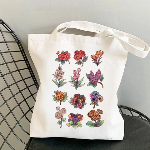 Aesthetic Floral Print Canvas Tote Bag Botanical Herb Illustration Shoulder Handbag Harajuku Style Shopping Bag For Women
