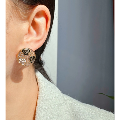 Orecchini A Bottone Camelia Rotondi Smalto Micro Zircone Ottone Placcato Oro Con Perno In Argento Sterling 925 Vintage Francese