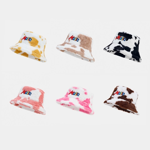Cappello Da Pescatore Donna Stampa Mucca Pelliccia Sintetica Ricamo Lettera Musica Inverno Caldo Peluche Moda