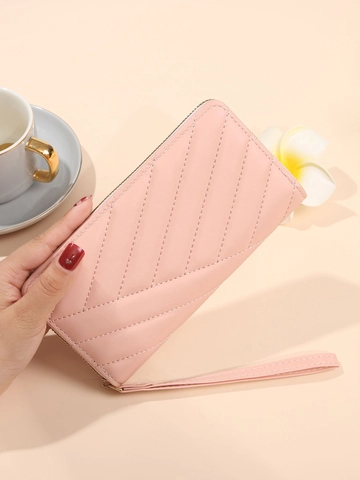 Dames Lange Portemonnee Gewatteerd PU Leer Rits Clutch Polsband Grote Capaciteit Telefoonhouder Effen Kleur