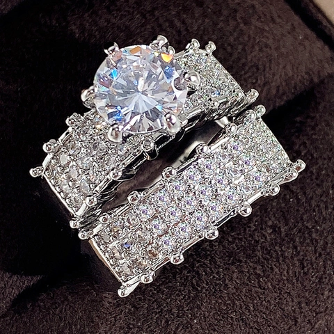 Sparkling Zircon Layered Rings For Women Copper White Gold Plated Round Solitaire Prong Bridal Engagement Jewelry
