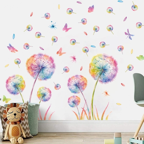 Stickers Muraux Pissenlit Aquarelle Papillon PVC Auto-Adhésif Imperméable Décoration Pour Salon Chambre Pépinière