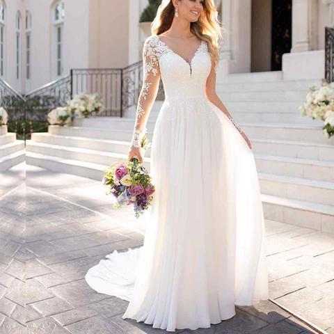 White Lace Wedding Dress Long Sleeves Deep V Neck Backless Chiffon Trailing Embroidery Bridal Gown For Women