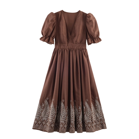Elegante Abito Lungo Ricamato Da Donna Scollo A V Profondo Maniche A Sbuffo Corte Poliestere Caffè Abito Da Banchetto