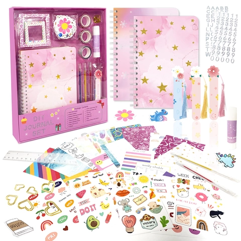DIY Journal Stationery Kit For Girls Pink Starry Sky Scrapbooking Supplies With Stickers Washi Tape Pens Glue Stick Clips