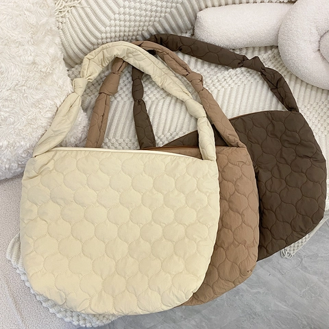 Quilted Crossbody Bag Large Capacity Puffy Polyester Shoulder Bag With Knot Strap Solid Color Korean Style For Women