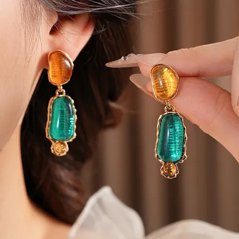 Vintage Geometric Dangle Earrings With Silver Earring Post Resin Alloy Contrast Color Bohemian Style For Women