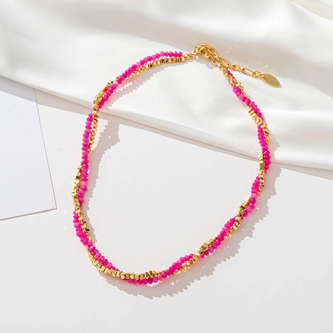 Collana a Doppio Strato in Pietra Naturale Fatta a Mano per Donna Quarzo Rosa Ematite Agata Nera Rame Placcato Oro