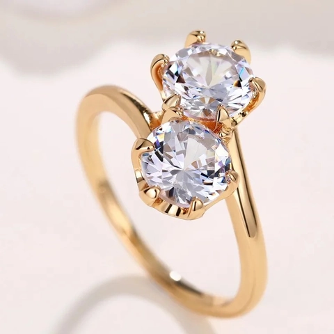 Toi Et Moi Bypass Ring Copper Cubic Zirconia Round Cut Gold Plated Engagement Proposal Jewelry For Women Fashion