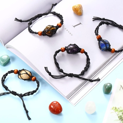 Pulsera De Cuerda Tejida A Mano Con Piedra Natural De Cristal Bolsa De Red Ajustable Cuentas De Madera Joyería De Curación