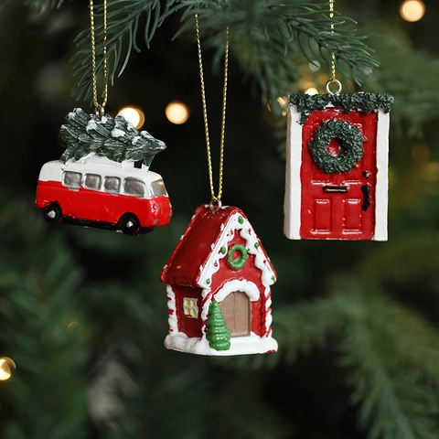 Ornamenti Appesi Albero Di Natale Resina Miniatura Babbo Natale Renna Casa Cassetta Postale Auto Decorazione Festiva Dipinto A Mano