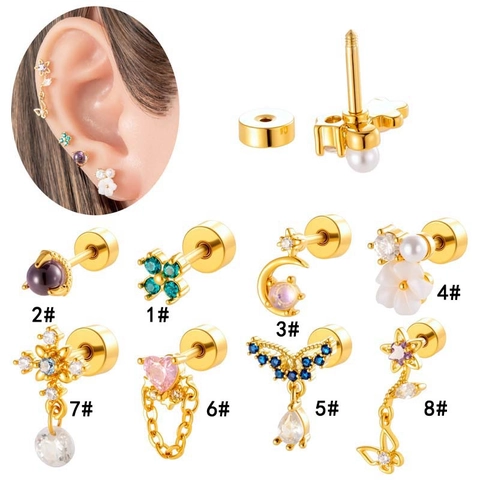 Pendiente De Cartílago De Acero Inoxidable Circón Corazón Luna Estrella Flor Tornillo De Espalda Plana Joyería Corporal