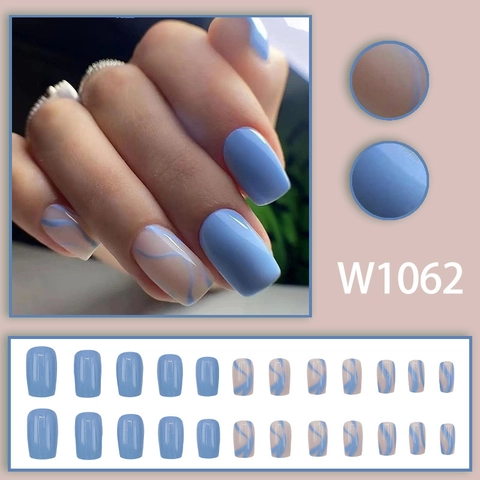 Light Blue Press On Nails Square Fake Nails With Wave Pattern Simple Elegant Style Wearable Artificial Fingernails