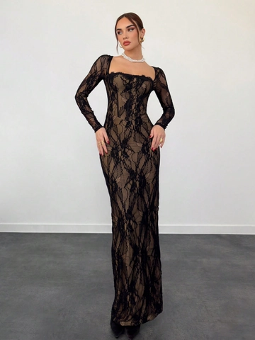 Vestito Lungo In Pizzo Con Scollo Quadrato Maniche Lunghe Aderente Con Spacco Festa Di Gala Formale Stile Corsetto Elegante