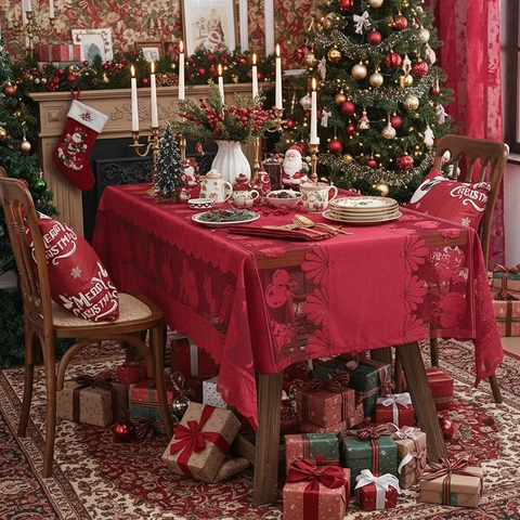 Rode Kerst Opengewerkte Kant Tafelkleed Amerikaanse Vintage Rendier Kerstman Sneeuwvlok Patroon Polyester Tafelkleed Voor Feestelijke Decoratie