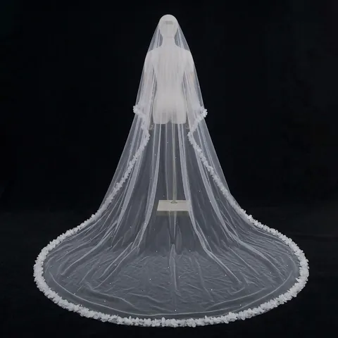 Elegante Velo Novia Catedral Malla Capas Apliques Florales 3D Perla Artificial Peine Accesorio Nupcial