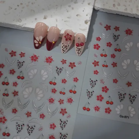 Adesivi Unghie 5D Rilievo Fiore Rosso Ciliegia Coda Di Pesce Leopardato Autoadesivo Impermeabile Decorazione DIY