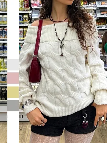Women Off Shoulder Cable Knit Sweater Long Sleeve Chunky Pullover Solid Color Acrylic Polyamide Polyester Knitwear
