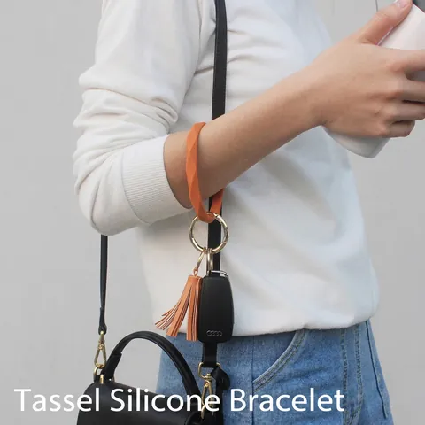 Fashion Silicone Tassel Wristlet Keychain Geometric Bangle Key Ring With PU Leather Tassel For Women Daily Outdoor Jewelry