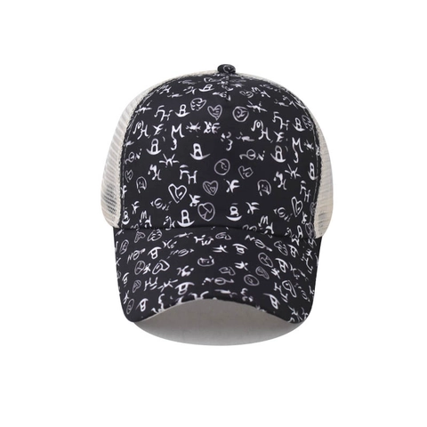 Cappello Da Baseball Da Donna Coda Di Cavallo Mesh Trucker Hat Doodle Print Protezione Solare High Messy Bun Cotone Regolabile