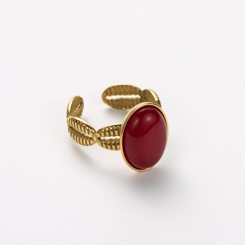 Oval Natural Stone Stainless Steel Ring Gold Plated Open Adjustable Band For Women Retro Luxury Vintage Jewelry
