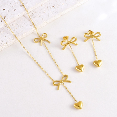Ensemble de Bijoux en Acier Inoxydable Nœud Papillon Cœur Gland Collier Boucles d'Oreilles pour Femmes Doré Poli Tendance Élégant