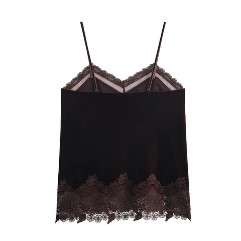Women Velvet Camisole Lace Trim V Neck Spaghetti Strap Sleeveless Slim Fit Fashion Solid Coffee Top