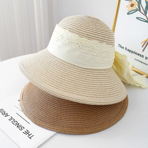 Women Elegant Straw Hat With Large Lace Bow Sun Protection Wide Brim Breathable Summer Beach Sunshade Cap