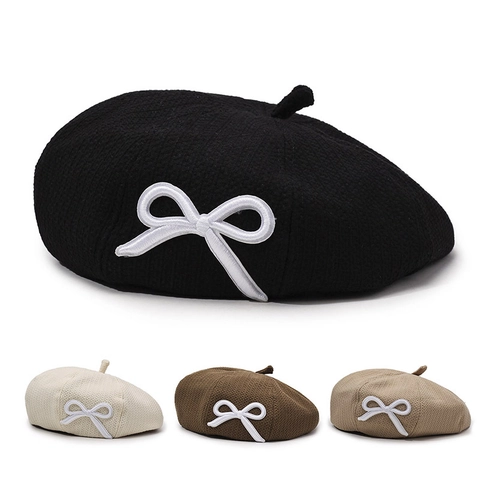 Fashionable Women Embroidered Bow Beret Hat Vintage French Style Sweet Autumn Winter Painter Pumpkin Cap Adjustable Warm Headwear