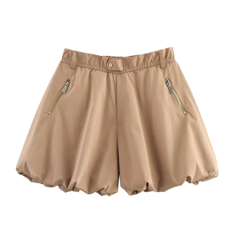 Pantalones Cortos Globo Mujer Cintura Alta Caqui Banda Elástica Bolsillos Con Cremallera Casual Línea A