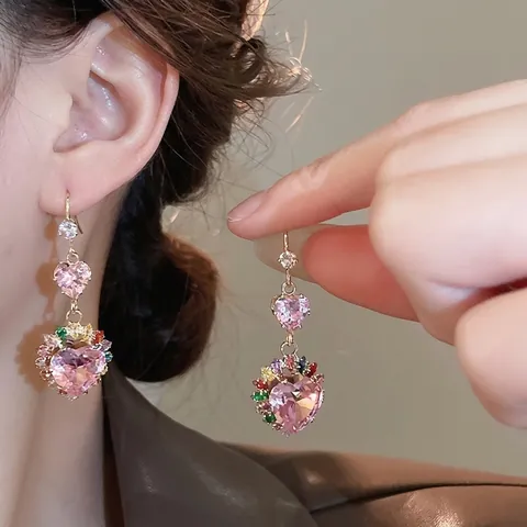 Copper Colorful Zircon Heart Pendant Necklace And Earrings Romantic Multi-color Rainbow Clavicle Chain Jewelry Women