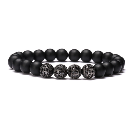 Men Beaded Bracelet Matte Black Agate With Micro Pave CZ Zirconia Disco Ball Elastic Hip Hop Jewelry