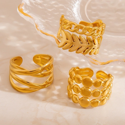 Stainless Steel Open Rings For Women 18K Gold Plated Leaf Chain Multilayer Adjustable Minimalist Fashion Jewelry Finger Ring