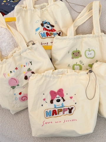 Süße Cartoon Hund Chenille Stickerei Tragetasche Große Kapazität Polyester Canvas Kordelzug Lässige Umhängetasche Für Damen
