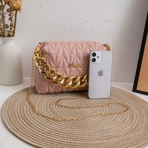 Borsa A Spalla Donna Pelle PU Trapuntata Motivo Diamante Borsa A Tracolla Catena Dorata Manico Moda Tinta Unita