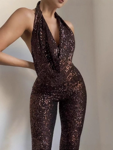Damen Pailletten Neckholder Jumpsuit Sexy Tiefer V Ausschnitt Rückenfrei Weites Bein Ärmellos Party Romper