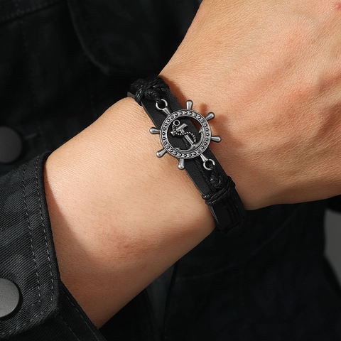 Retro Braided Leather Wax Wire Bracelet With Alloy Rudder Anchor Charms Adjustable Nautical Wristband For Men