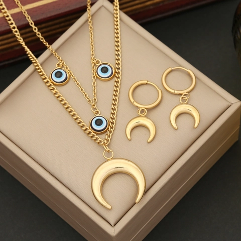 Evil Eye Mondsichel Doppelschichtige Halskette Edelstahl Vergoldet Boho Trendiger Anhänger Für Damen