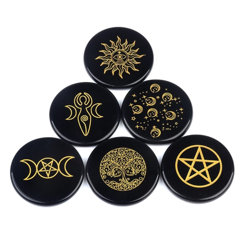 Engraved Obsidian Energy Disc Black Stone With Gold Mystical Symbol Altar Meditation Decor