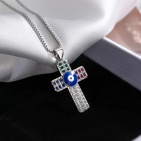 Halsketting Met Kruishanger Boze Oog Koper Met Gekleurde Zirkonia Boheemse Religieuze Sieraden Voor Dames