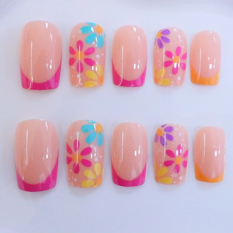 Square Press On Nails French Floral Design Colorful False Nails For Women ABS Plastic Medium Length Elegant Manicure