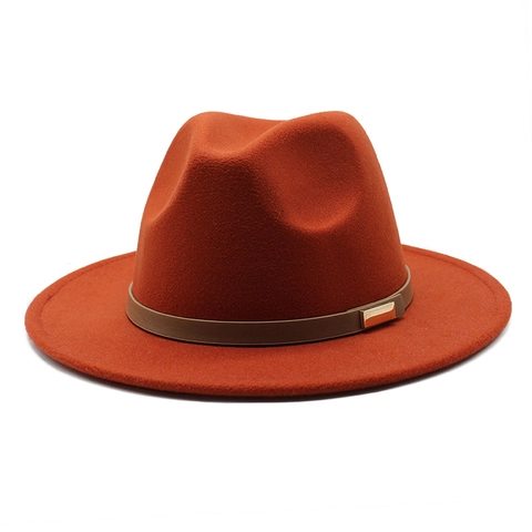 Classic Fedora Hat Wool Felt Wide Flat Brim Vintage Jazz Style For Men Women With Brown Leather Band Gold Buckle Accessory