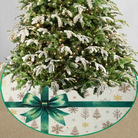 Christmas Tree Skirt Circular Plush Fabric Bow Tie Print Snowflake Pattern Holiday Home Decoration Tree Base Cover