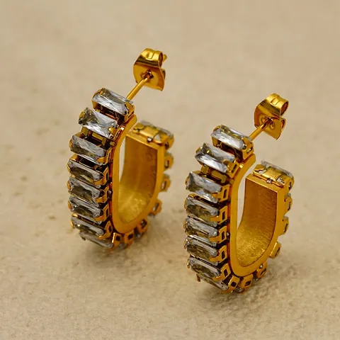 U Shaped Hoop Earrings 18K Gold Plated 304 Stainless Steel With Rectangular Zircon INS Style Jewelry For Women