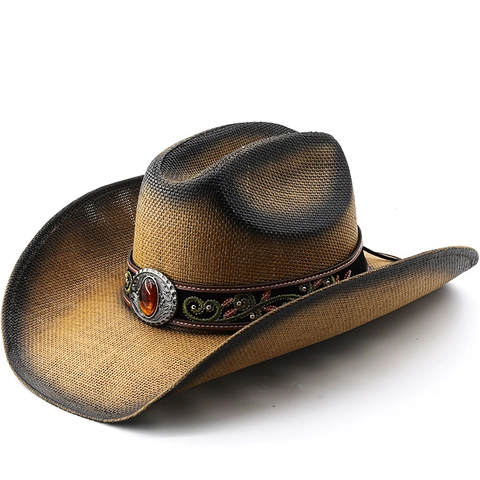 Western Cowboy Stropanama Breedgerande Zonbescherming Vintage Gradiënt Etnisch Borduurwerk Band Amber Edelstein