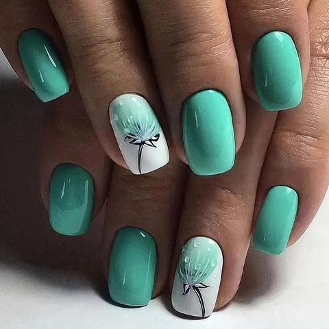 Faux Ongles Amovibles Brillants Vert Blanc Motif Floral Décor 3D Gouttelette Forme Carré Ovale Pour Femmes